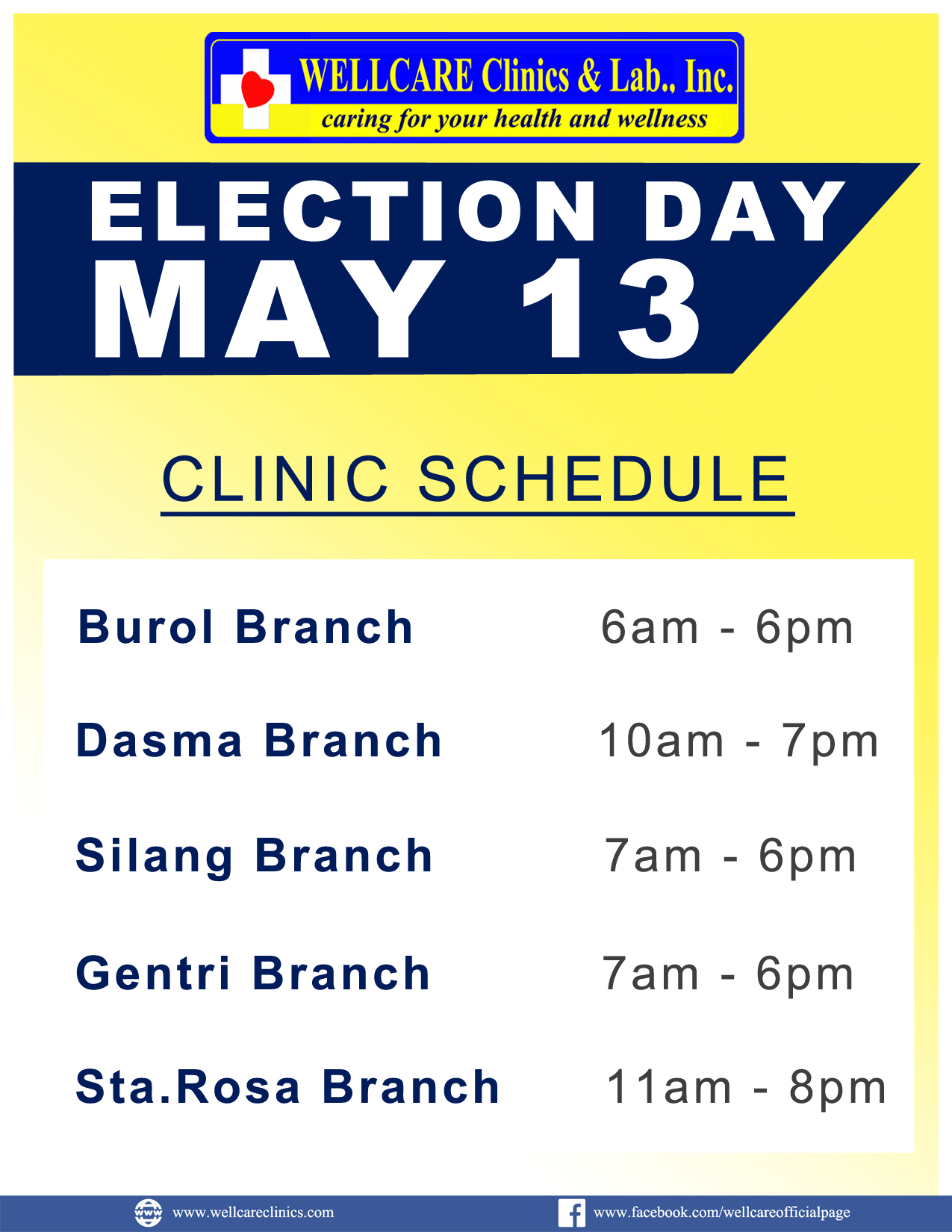Wellcare clinics & Lab schedule for ELECTION DAY (May 13, 2019) #IAMWELLCARE "Caring for your Health & Wellness!" #ThinkHealth #ThinkWellness #ThinkWellcare For more Information, Please call or text us at: Burol (046) 416-6529 0933.8204078 Dasma (046) 450-5116 0933.8204079 Gentri (046) 476-0733 0933.8204080 Silang (046) 687-7792 0925.5505780 StaRosa (049) 576-0010 0933.8204081
